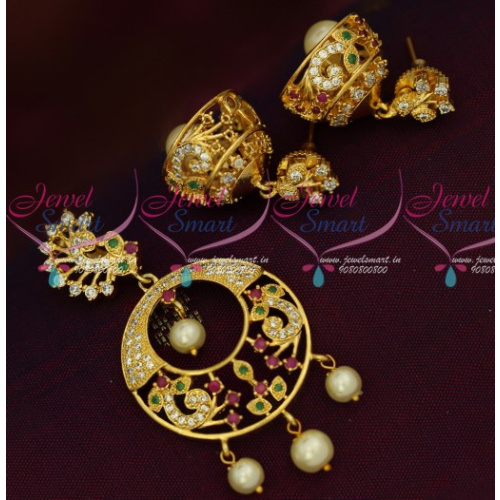 PS15817 Low Price American Diamond Pendant Jhumka Set Light Gold Plated Collections