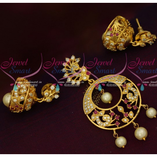 PS15819 Low Price Ruby White AD Pendant Jhumka Set Light Gold Plated Collections