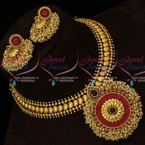 A Real Deal Mango Necklace Set With Broad Jhumka and Pearl Pendant NL15318A