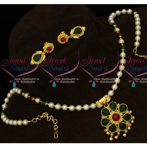 NL15410 Real Kemp Stones Traditional South Indian Pendant Pearl Beads Mala Online