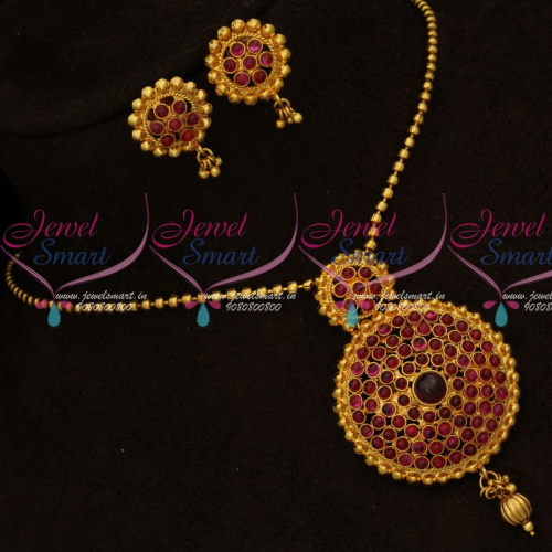 PS15710 Gheru Reddish Antique Gold Plated Real Kemp Stones Pendant Earrings Ball Chain Online