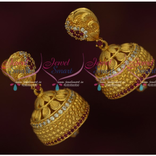 J15619 Ruby White AD Stones Broad Jhumka Earrings Gold Plated Latest Online