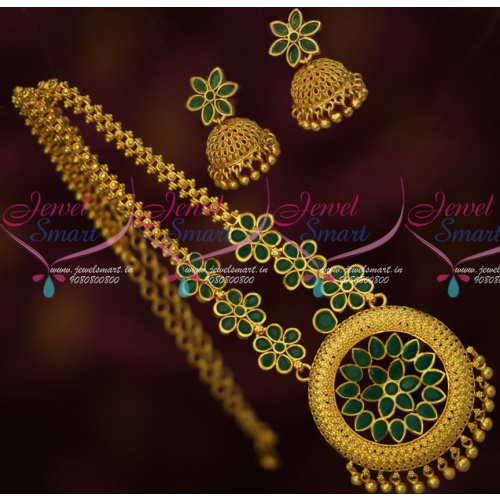 PS15207 Fancy Floral Design Green Stones Chain Gold Plated Matching Jhumka Earrings Latest Imitation