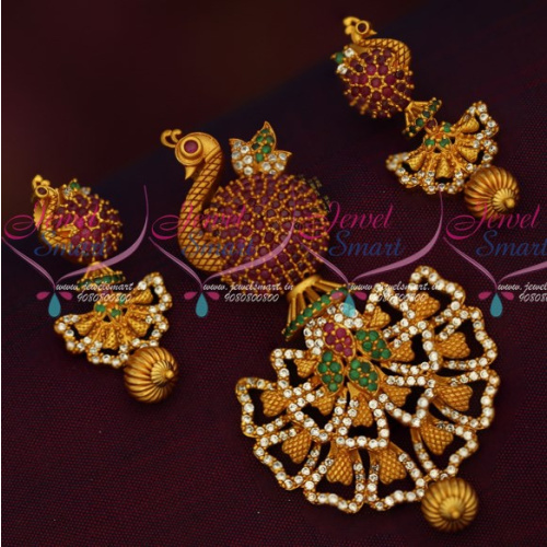 PS15809 Peacock Design Stylish Long Size Pendant Matching Earrings Matte Gold Plated Jewellery Online