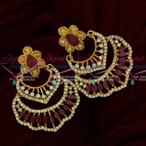 ER16093 AD Semi Precious Ruby Stylish Chand Bali Earrings Latest South Screw Jewellery Online