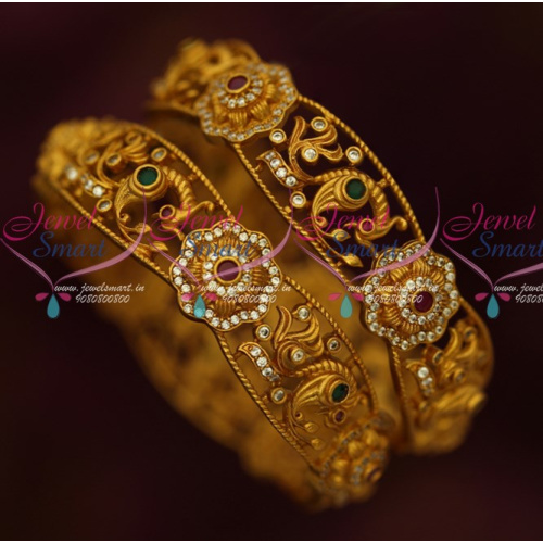 B16329 AD Antique Jewellery Matte Gold Finish Broad 2 Pcs Set Bangles Shop Online