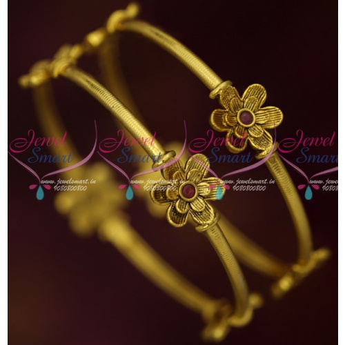 B15991 Antique Gold Plated Floral Design Fancy Bangles Ruby Stones Jewelry Online