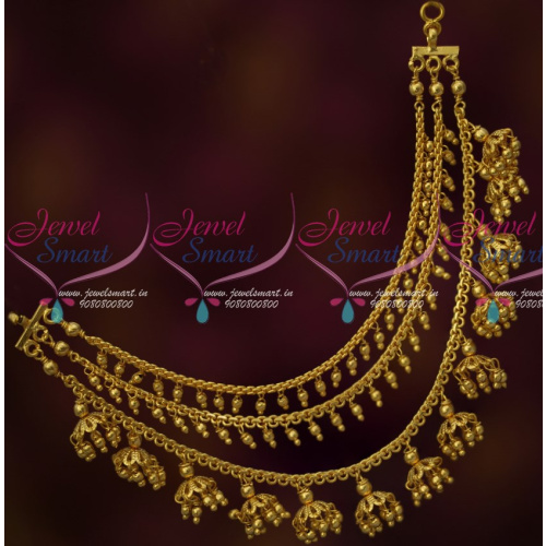 EC16139 3 Layer Ear Chains Golden Beads Jewellery Bahubaali Style Latest Fashion Online