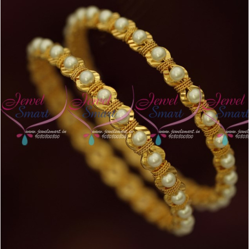 B16408 Pearl Beaded Gold Covering Bangles Latest Fancy Imitation Jewellery Shop Online