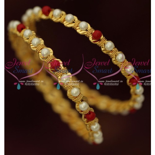 B16410 Pearl Red Beads Gold Covering Bangles Latest Fancy Imitation Jewellery Shop Online