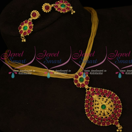 PS16053 South Indian Gold Covering Red Green Kemp Jewellery Fancy Chain Pendant Set Online