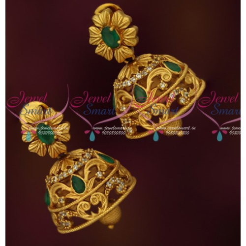 J16181 Medium Size Jhumkas Emerald Green AD Stones Latest Matte Antique Jewelry Online