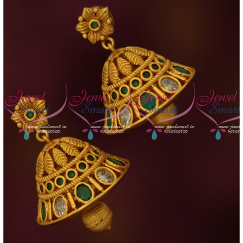 J16211 Floral Jhumkas Green Stones Latest Matte Antique Jewelry Online