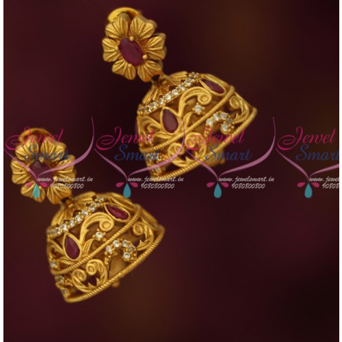 J16213 Medium Size Jhumkas Ruby AD Stones Latest Matte Antique Jewelry Online