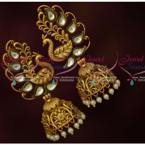 J16154 Kundan Antique Peacock Jhumka Earrings Latest Fashion Jewellery Designs Online