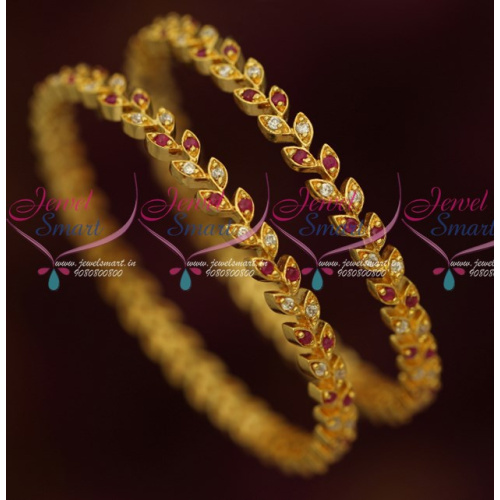 B16420 Ruby White Leaf Design AD Gold Covering Daily Wear Bangles Online