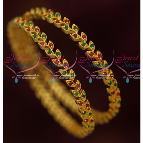 B16422 Ruby Emerald Leaf Design AD Gold Covering Daily Wear Bangles Online