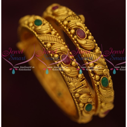 B16451 Ruby Emerald AD Jewellery Online Matte Antique Finish Kada Screw Open Bangles Latest
