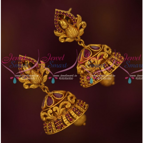 J16193 Ruby Peacock 3D Face Stylish Matte Gold Antique Jhumka Earrings Latest AD Jewellery
