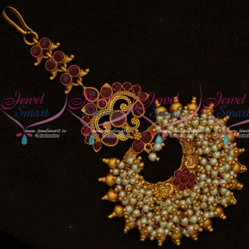 T16068 Red Stones Pearl Danglers Fancy Forehead Decoration Jewelry Matte Gold Plated Online