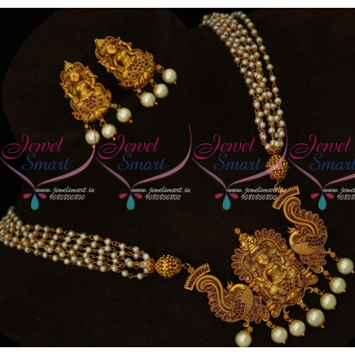 NL16101 Ruby Temple Jewellery Multi Strand Pearl Mala Laxmi God Pendant Gold Design Exclusive Premium Collections