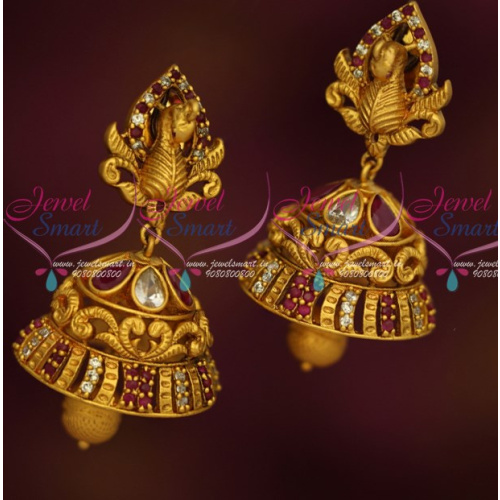 J16109 Peacock 3D Face Stylish Matte Gold Antique Jhumka Earrings Latest AD Jewellery