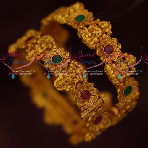 B16804 Broad Nakshi Temple Screw Open Matte Reddish Plated Red Green Stone Bangles Online