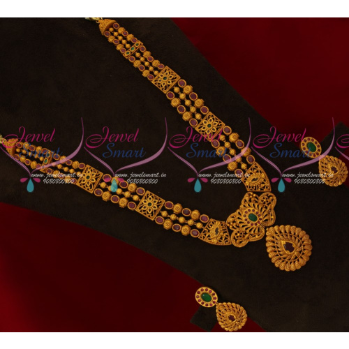 NL16936 Latest Antique Matte Gold Plated Beads Model Mugappu Haram Big Pendant Semi Precious Stones