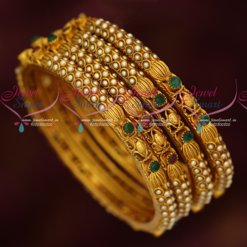 B17052 Ruby Emerald Pearls Latest Gold Antique Imitation Jewellery Bangles Online