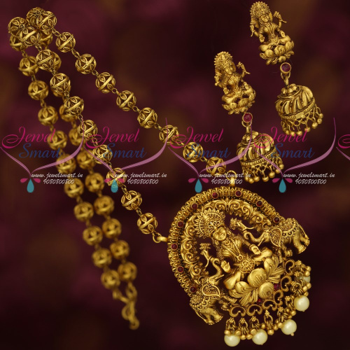 NL17073 Hand Crafted Imitation Jewellery Antique Gold Finish Beads Mala Temple Pendant