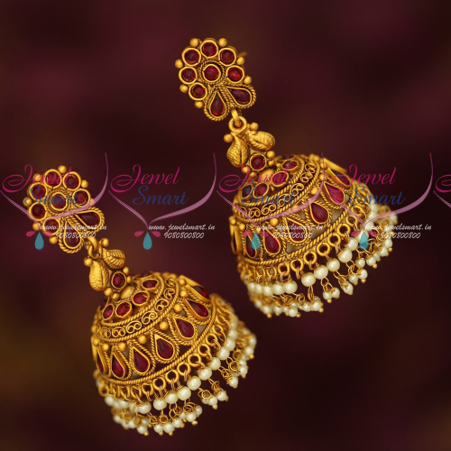 J1606 Broad Grand Temple Kempu Gold Design Ruby Beads Hangings Dulhan Jhumka Buy Online