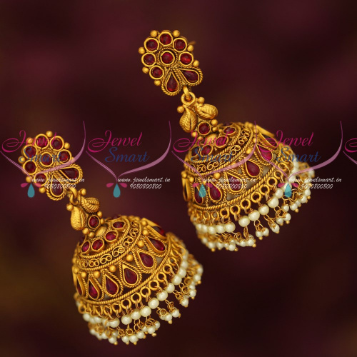 J1606 Broad Grand Temple Kempu Gold Design Ruby Beads Hangings Dulhan Jhumka Buy Online