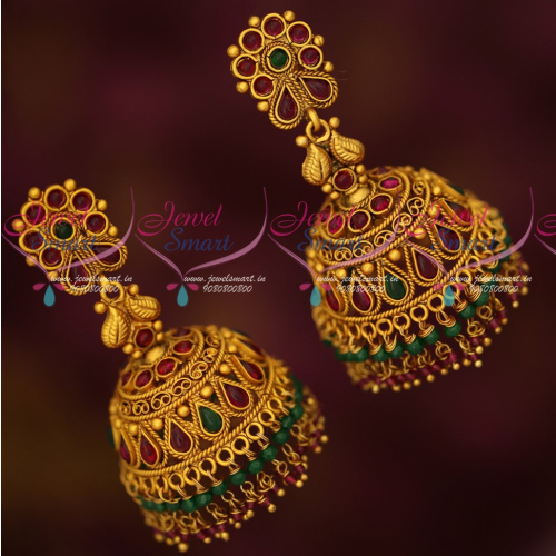 J1605 Broad Grand Gold Design Temple Kempu Ruby Emerald Beads Hangings Dulhan Jhumka Buy Online