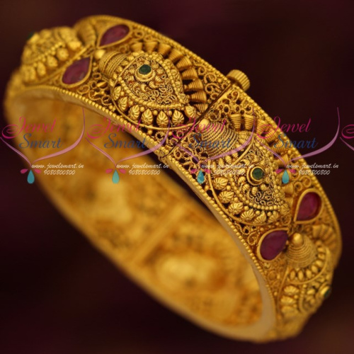 B17051 Broad Intricately Designed Gold Plated Antique Kada Bangles Screw Open