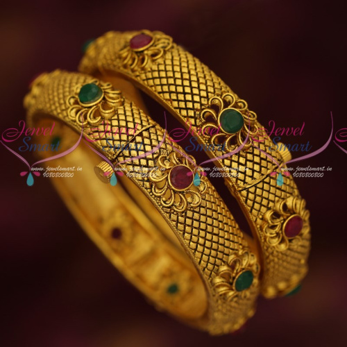 B17059 Broad Antique Gold Plated 2 Pcs Set Bangles Screw Open Floral Jewellery
