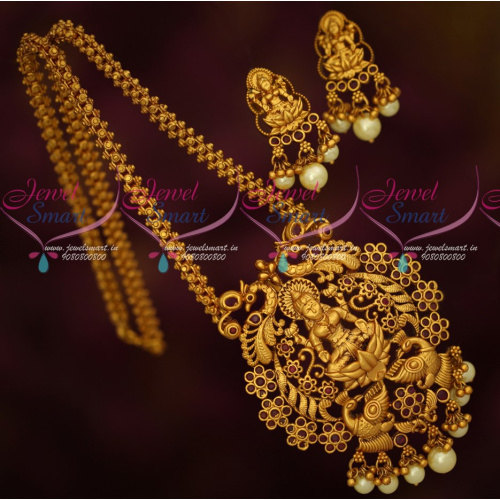 PS17175 Ghajiri Chain Matte Gold Plated Big Temple Pendant Matching Earrings Latest Traditional Jewellery