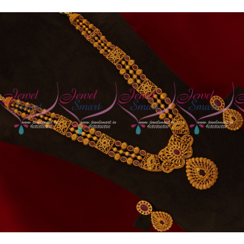 NL16963R Reddish Matte Gold Plated Beads Model Mugappu Haram Big Pendant Semi Precious Stones