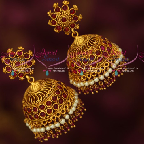 J16923 Big Broad Heavy Kemp Red Stones Jhumka Earrings Latest Matte Finish Collections Online