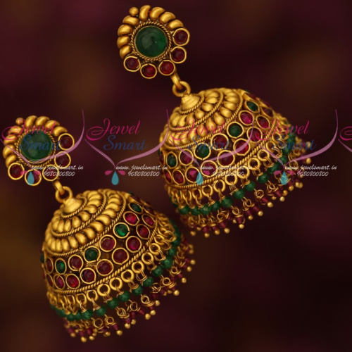 ER1990 Red Green Broad Jhumka Pearl Hangings Latest Fashion Jewellery Online