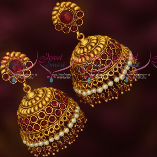 ER1989 Temple Kempu Broad Jhumka Pearl Hangings Latest Fashion Jewellery Online