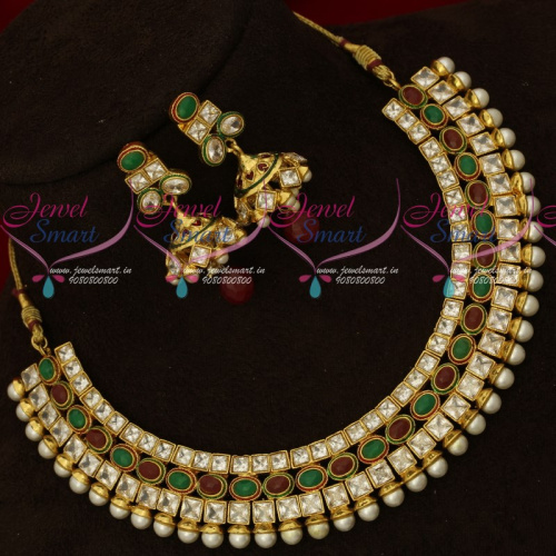 NL16942 3 Line AD Red Green Stones Kundan Style Jewellery Set New Model Jewellery Online