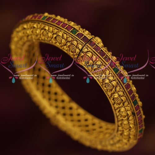 B17061 Floral Nakshi Design AD Stone Kada Antique Gold Plated Jewellery Online