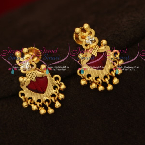 ER16946 Kerala Style Red Palakka Earrings Golden Bead Drops Screwback South Indian