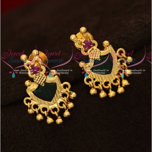 ER16947 Kerala Style Green Palakka Earrings Golden Bead Drops Screwback South Indian