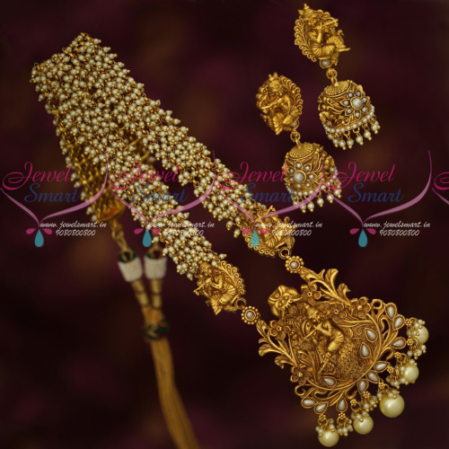 NL17032 Pearl Danglers Haram Lord Krishna Floral Design Pendant Matching Jhumka Earrings 