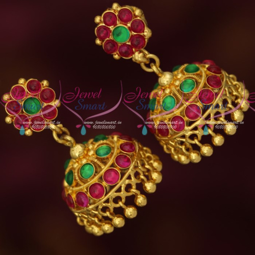 J16885 Original Kemp Stones South Indian Screw Traditional Jhumka Earrings Gold Plated Online