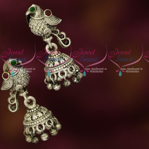 J17039M Antique Oxidised Silver Plated Peacock Jhumka Earrings Artificial Jewellery Online