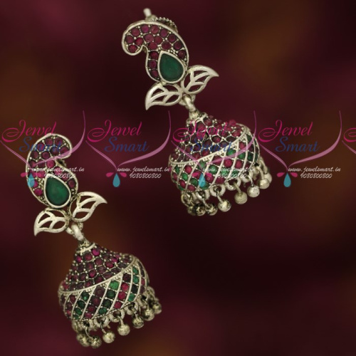 J17040 Ruby Emerald Antique Oxidised Silver Plated Jhumka Earrings Artificial Jewellery Online