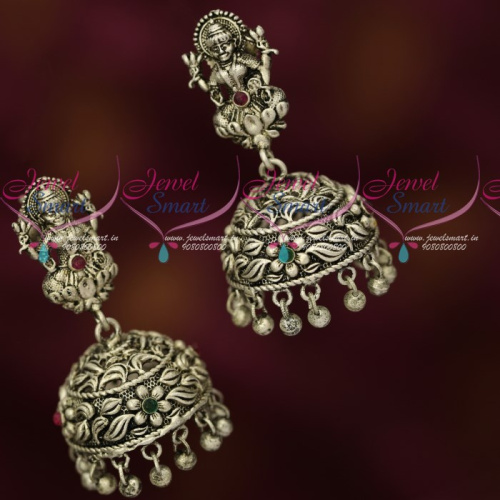 J17025 Antique Oxidised Silver Plated Temple Jhumka Earrings Imitation Jewellery Online