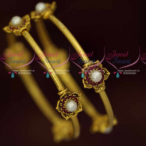 B16894 Antique Gold Plated Ruby Pearl Floral Design Fancy Bangles Fashion Jewelry Online